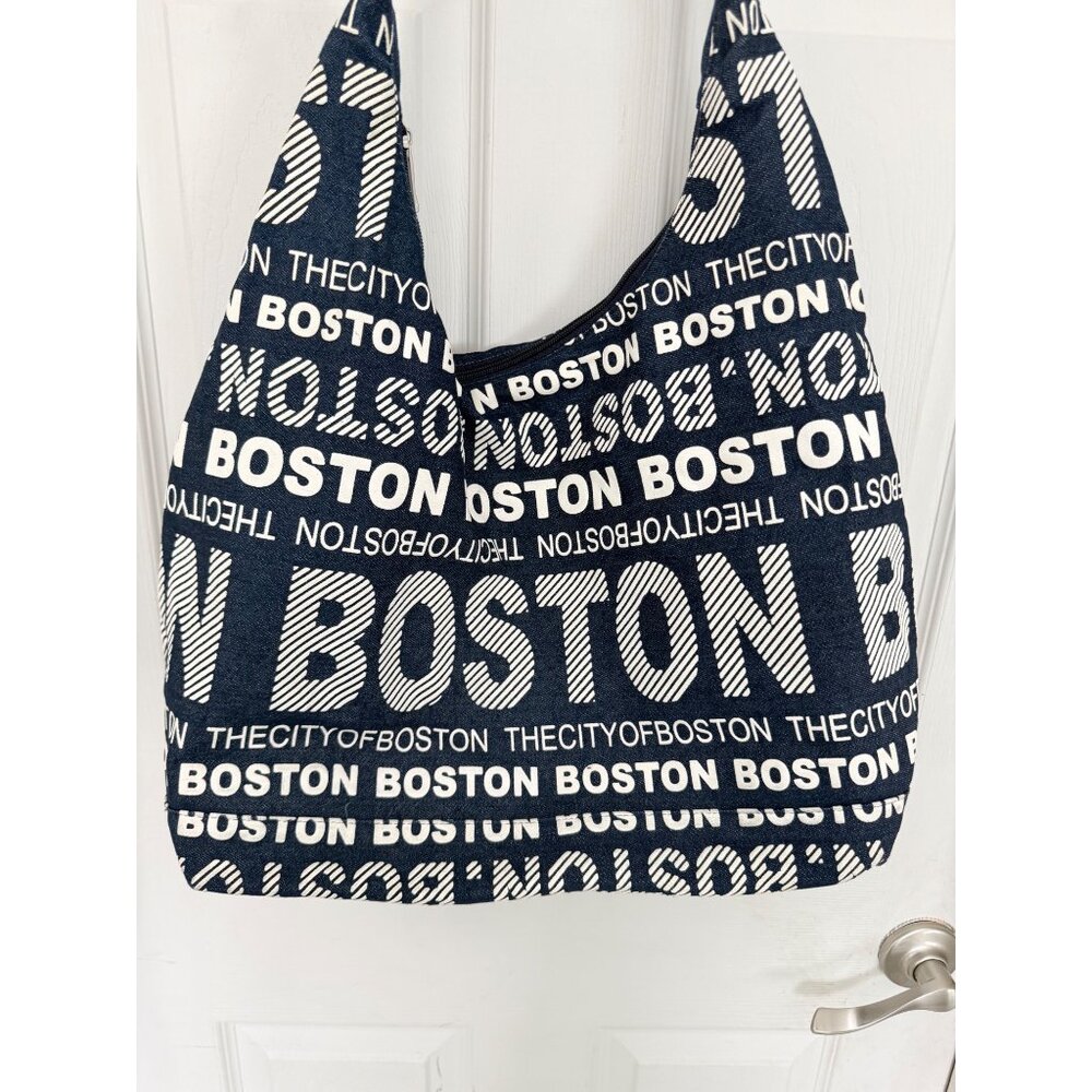 Robin Ruth Boston Blue Denim Canvas Zip Closure Hobo Tote Bag - Picture 2 of 5